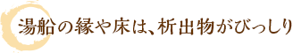 湯船の縁や床は、析出物がびっしり